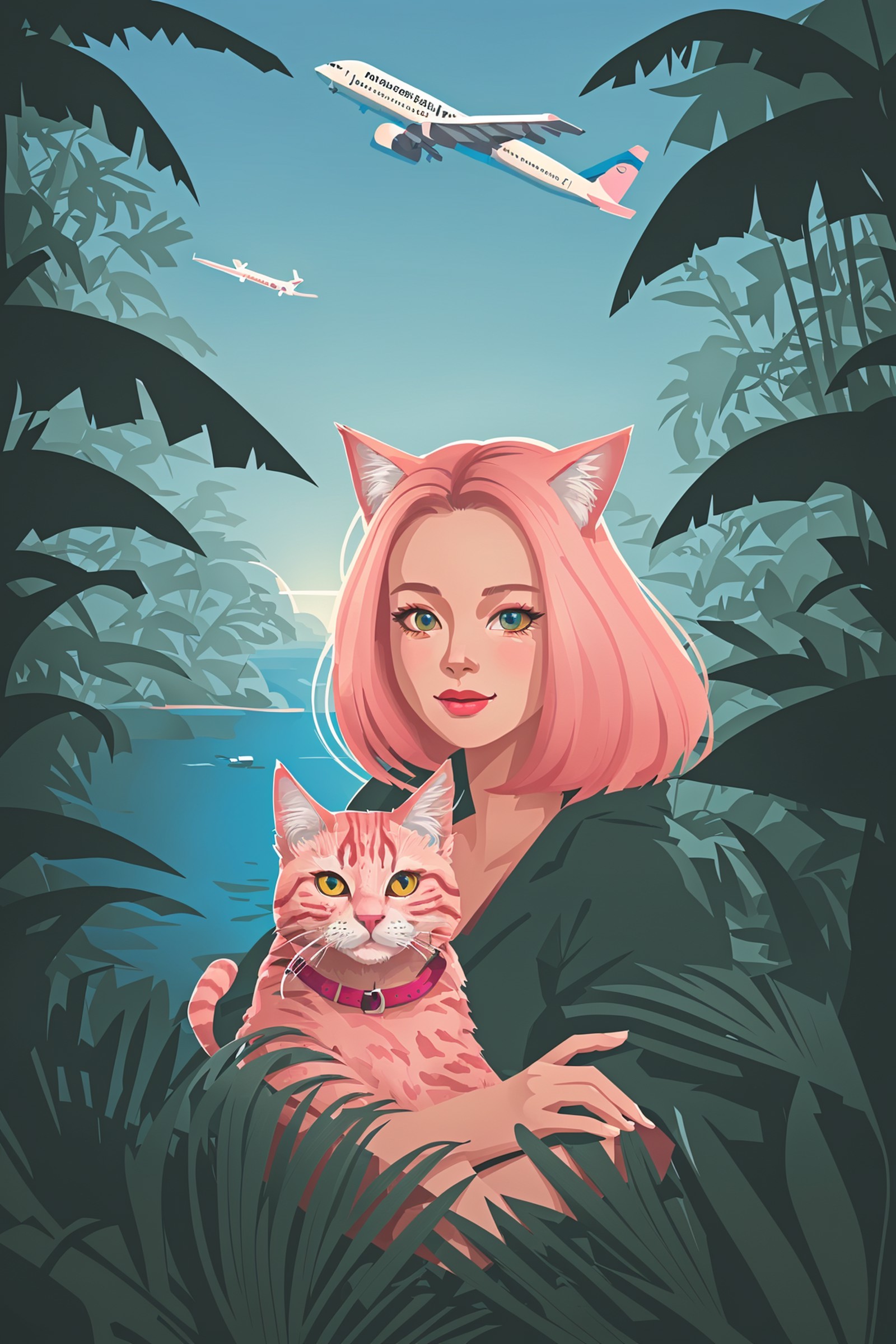 flatillustration,masterpiece,best quality,high quality,extremely detailed wallpaper,
1girl with a pink cat,portrait,island...